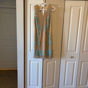 Boston Proper Nude Mesh Dress with Turquoise Beading – Size 10